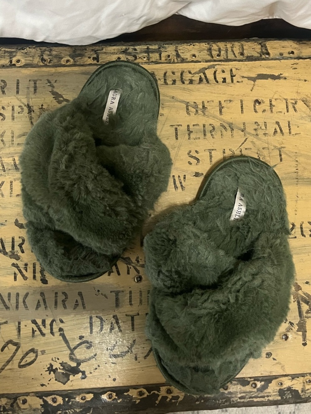 Laura Ashley Dark Olive Faux Fur Crossband Slide Slippers